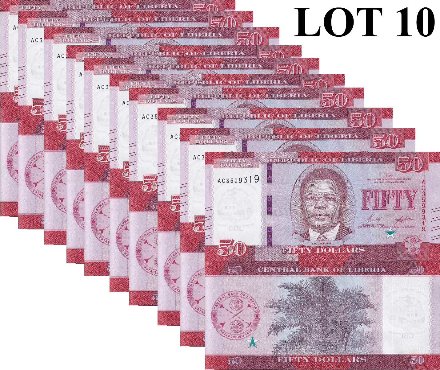 Liberia 50 Dllars 2022 P 40 UNC 1/10 Bundle Lot 10 pcs