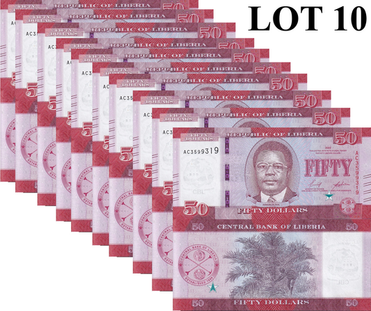 Liberia 50 Dllars 2022 P 40 UNC 1/10 Bundle Lot 10 pcs