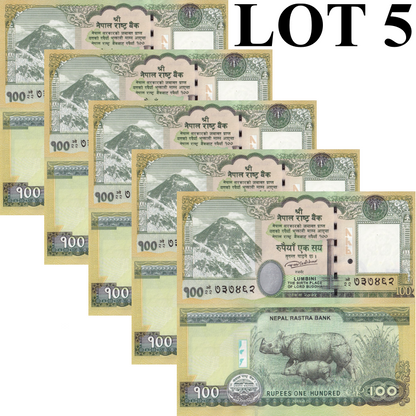 Nepal 100 Rupees 2019 P 80 UNC Rhino 1/20 Bundle LOT 5 pcs