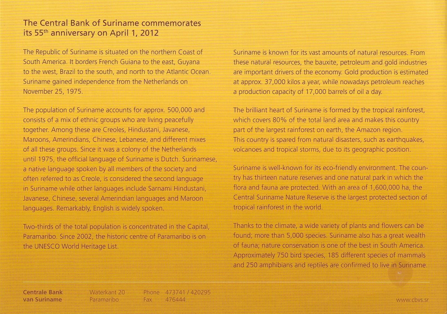 Suriname 50 Dollars 2012 P 167 Commemorative UNC W/ Folder