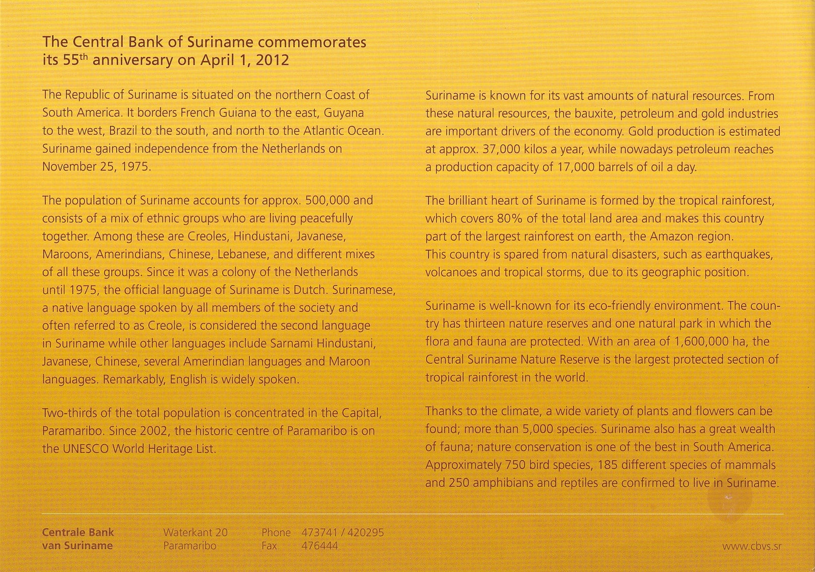 Suriname 50 Dollars 2012 P 167 Commemorative UNC W/ Folder