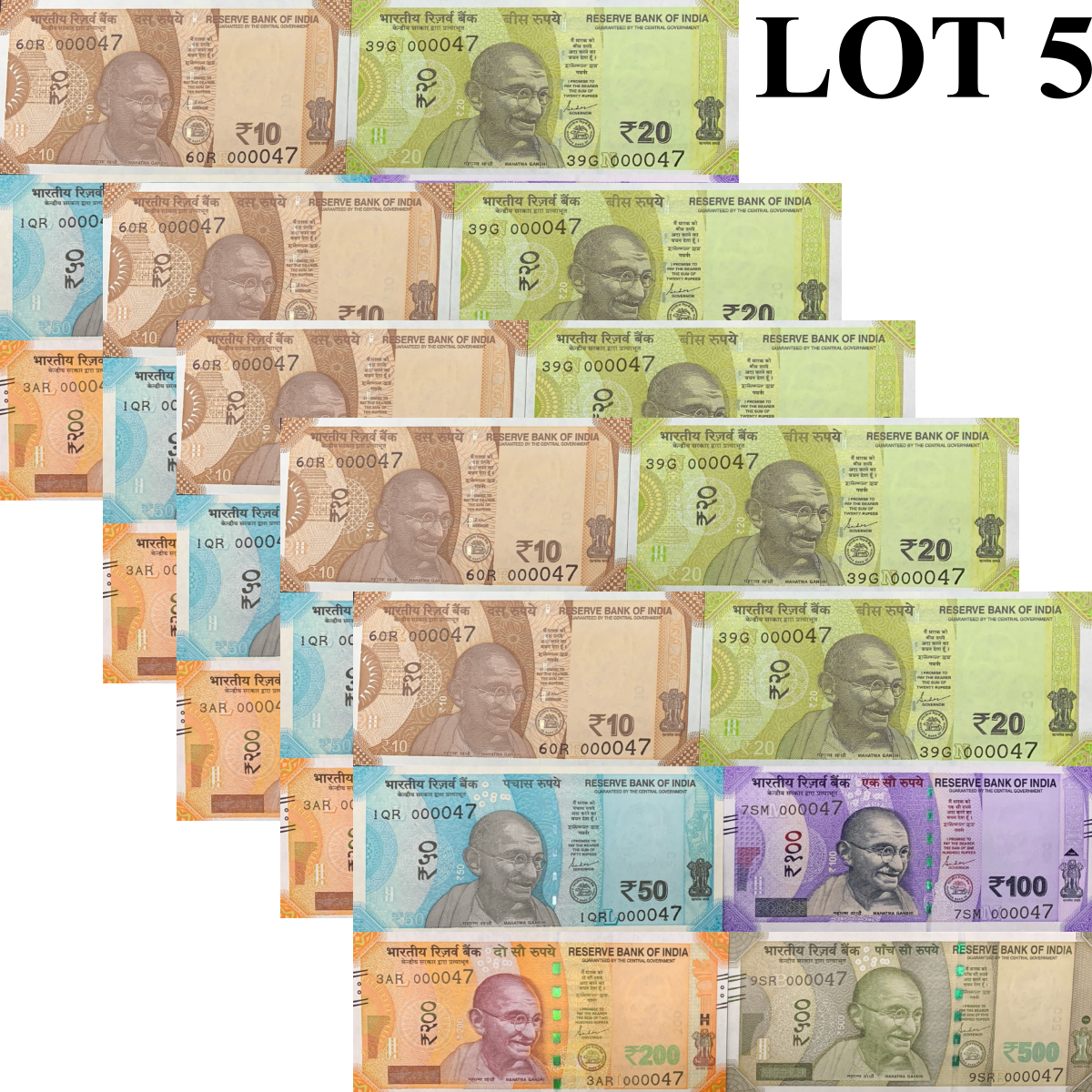 India 10 20 50-500 2022-2024 P 109-114 UNC Matching LOW No. 0000XX Set 6 Lot 5