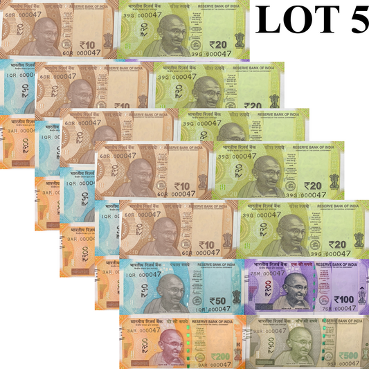 India 10 20 50-500 2022-2024 P 109-114 UNC Matching LOW No. 0000XX Set 6 Lot 5