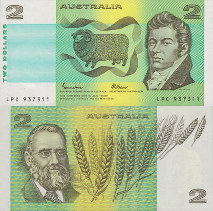 Australia 2 Dollars ND 1985 P 43 Johnston / Fraser UNC With Folder