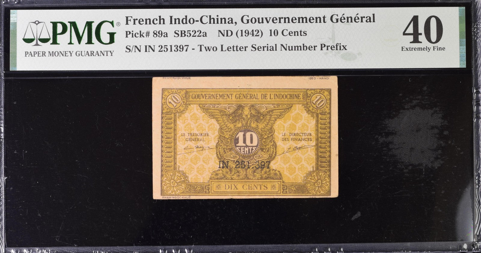 French Indo-China 10 Cents ND (1942) P 89a EF PMG 40 Miscut Error