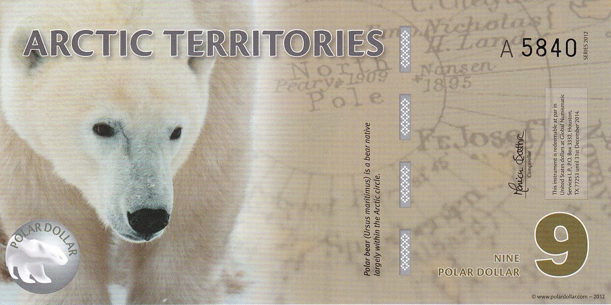Arctic Territories 9 Dollars 2012 Polymer UNC Test Note Series A Polar Bear