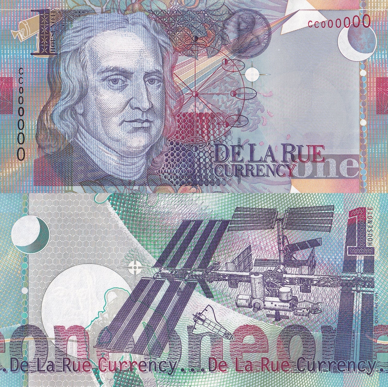 De La Rue 1 Housenote 1999 CC Prefix Test Note Advertising Note Isaac Newton