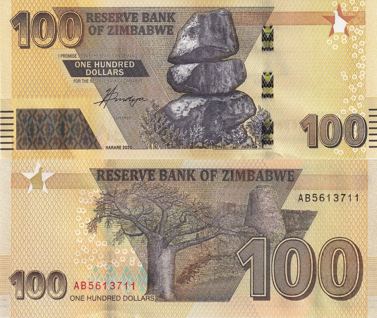 Zimbabwe 100 Dollars 2020 P 106 UNC 1 Bundle Lot 100 pcs