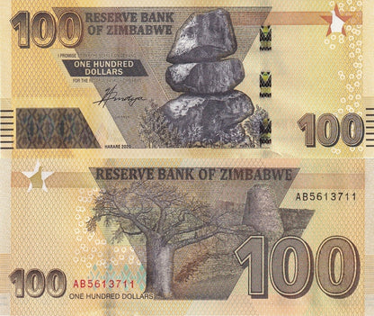 Zimbabwe 100 Dollars 2020 P 106 UNC 1 Bundle Lot 100 pcs