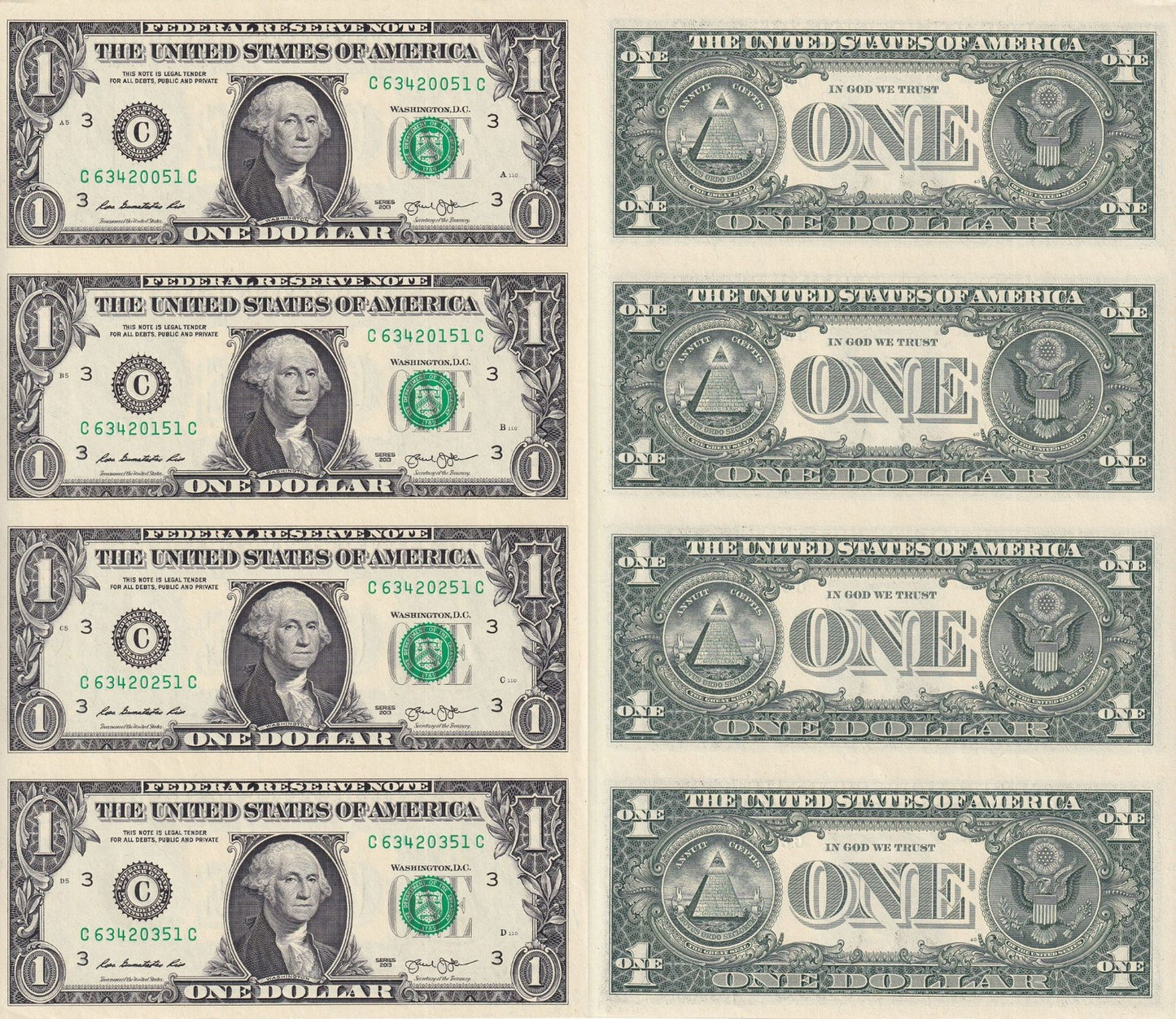 United States USA 1 Dollar 2013 P 537 "C" Philadelphia PA UNC UNCUT 4 IN 1