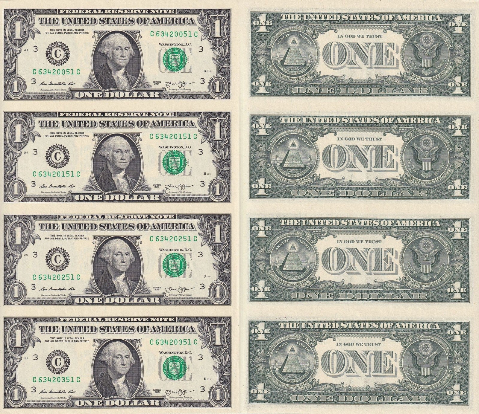 United States USA 1 Dollar 2013 P 537 "C" Philadelphia PA UNC UNCUT 4 IN 1