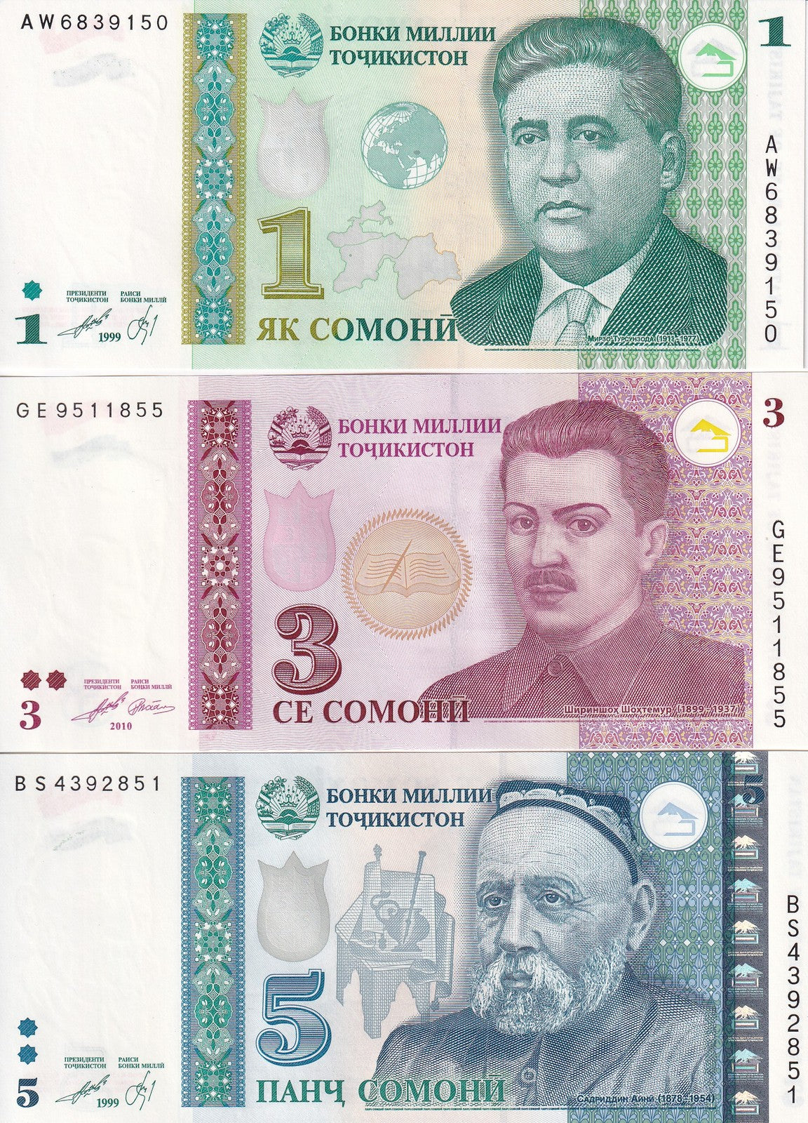 Tajikistan 1 3 5 Somoni 1999 2010 P 14A 20 23 UNC Set 3 pcs