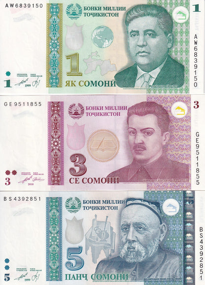 Tajikistan 1 3 5 Somoni 1999 2010 P 14A 20 23 UNC Set 3 pcs