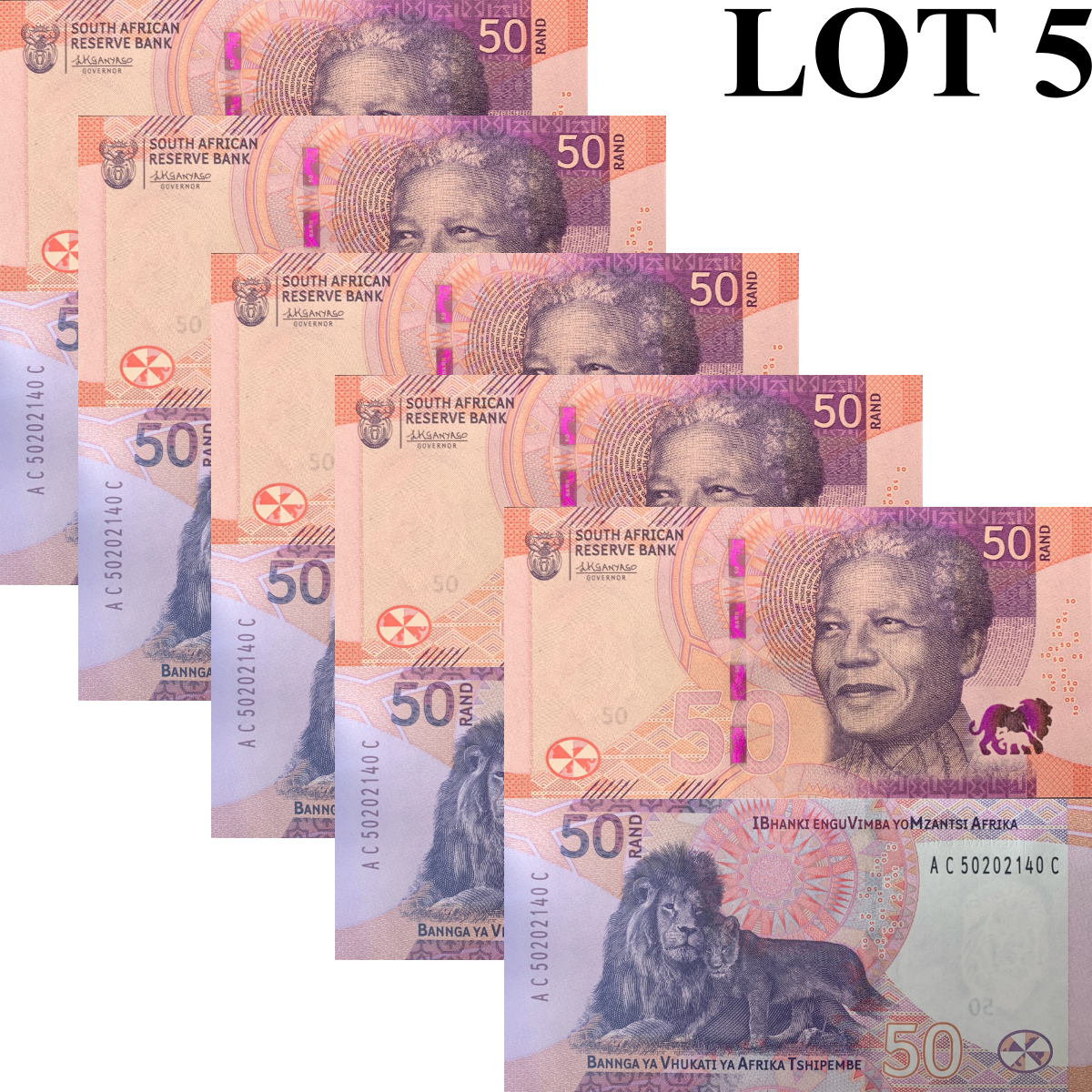 South Africa 50 Rand ND 2023 P 150 New Issue UNC 1/5 Bundle Lot 5 pcs
