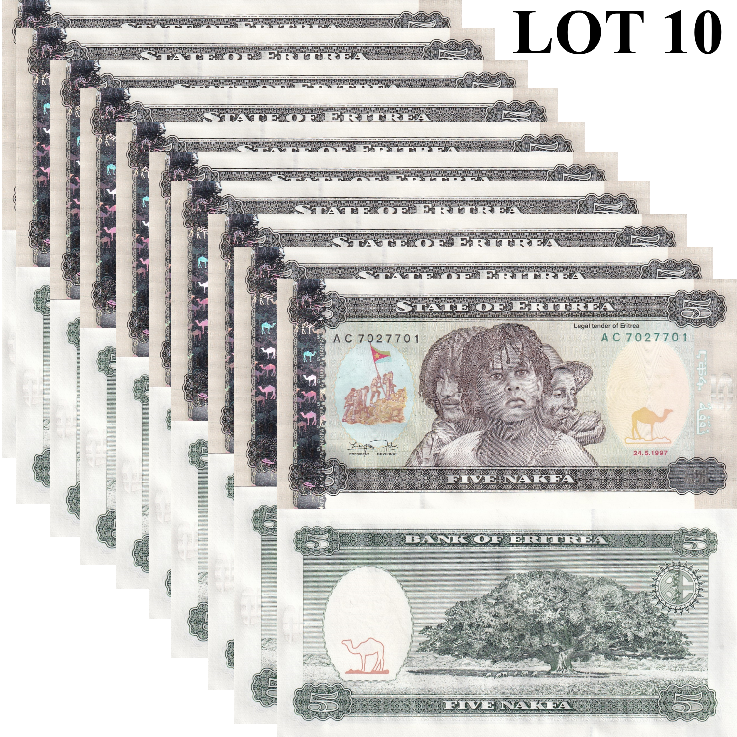Eritrea 5 Nakfa 1997 P 2 UNC 1/10 Bundle Lot 10 pcs