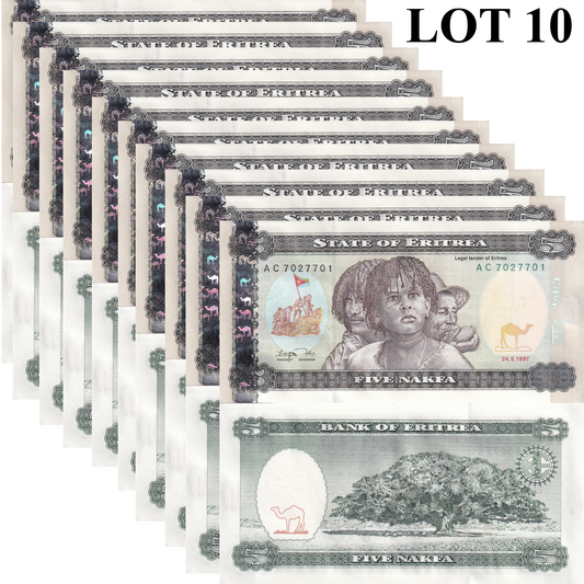 Eritrea 5 Nakfa 1997 P 2 UNC 1/10 Bundle Lot 10 pcs