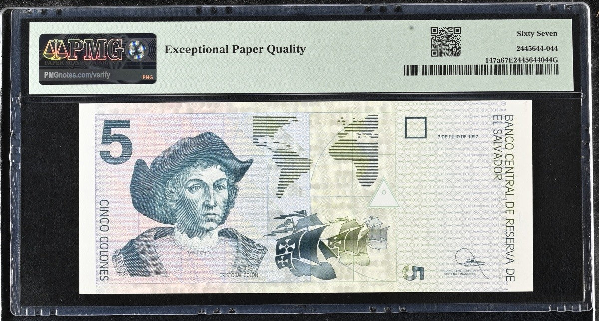 El Salvador 5 Colones 1997 P 147a UNC PMG 67 EPQ 3rd TOP POP