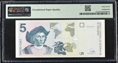 El Salvador 5 Colones 1997 P 147a UNC PMG 67 EPQ 3rd TOP POP