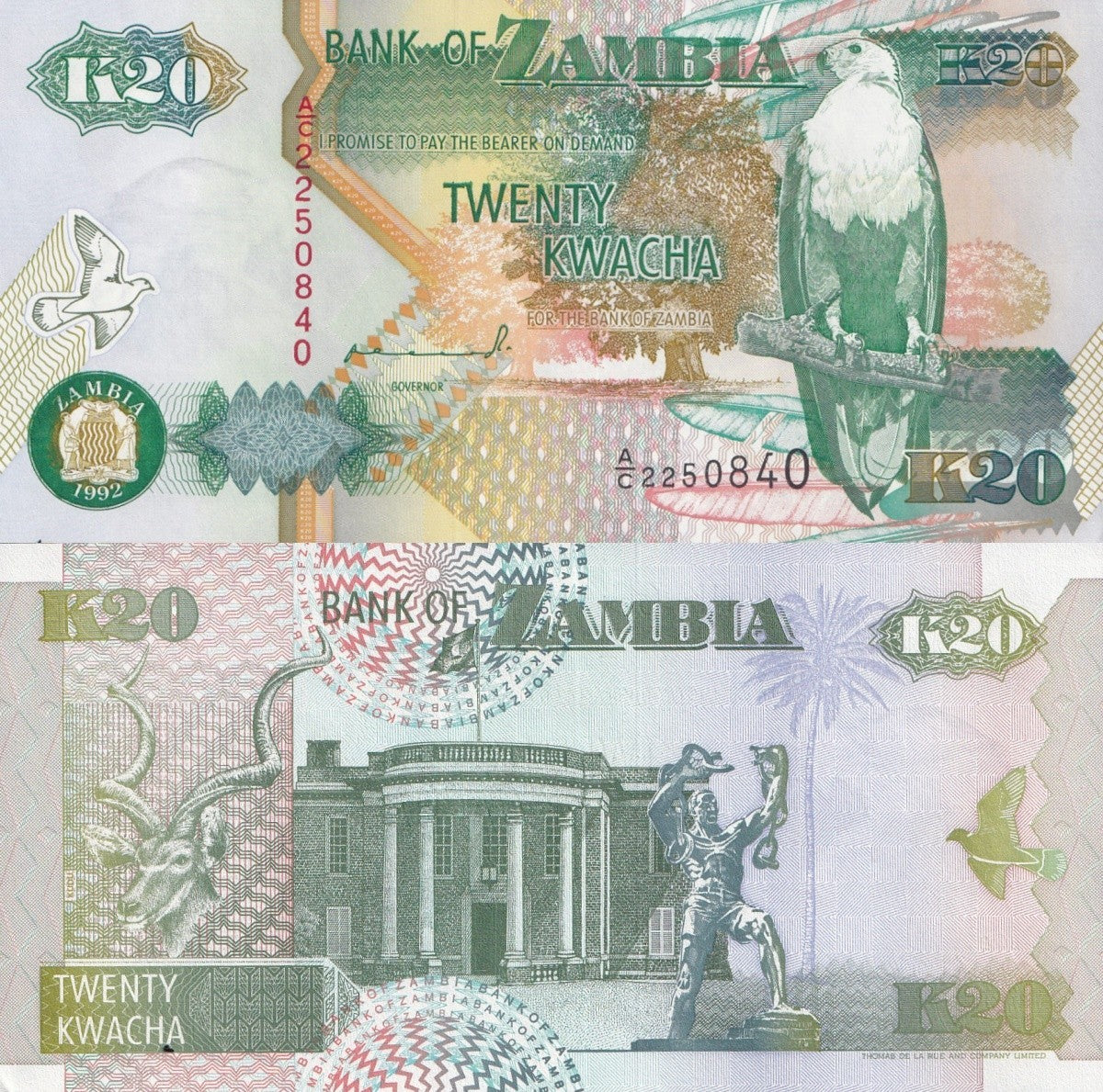 Zambia 20 Kwacha 1992 P 36 UNC 1/20 Bundle Lot 5 pcs