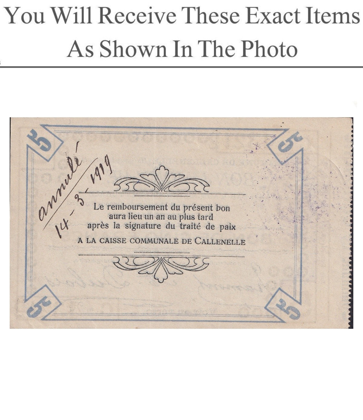 Belgium Notgeld CALLENELLE 5 Francs 1914