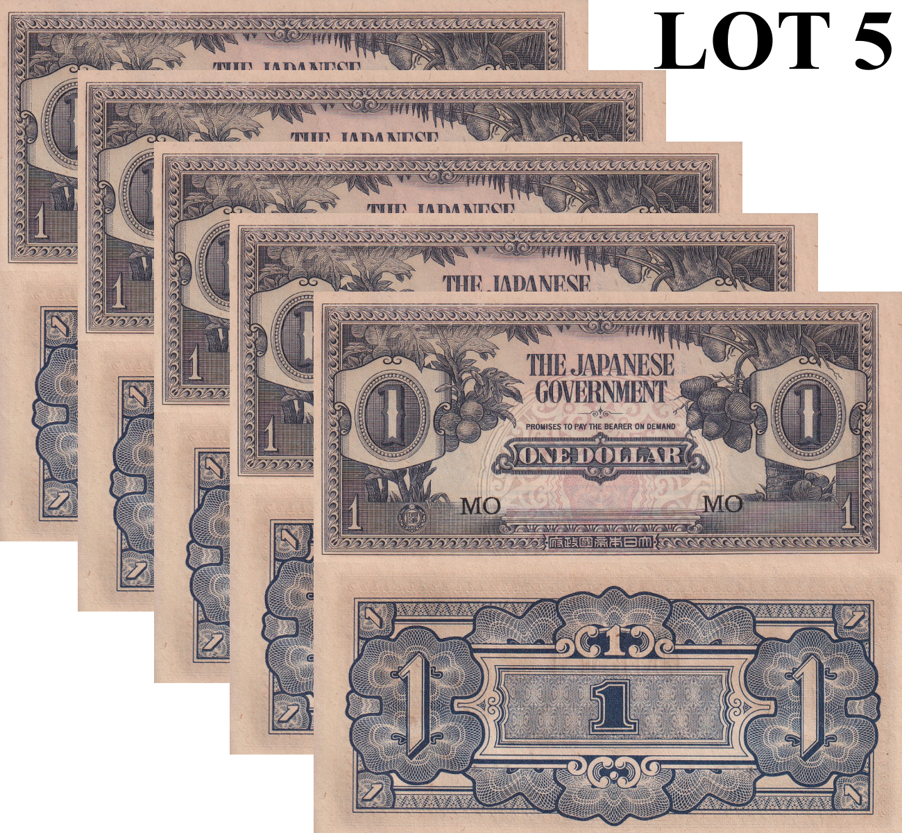 Malaya Japanese Occupation WWII 1 Dollar ND 1942 P M5c UNC FOXING Lot 5 pcs