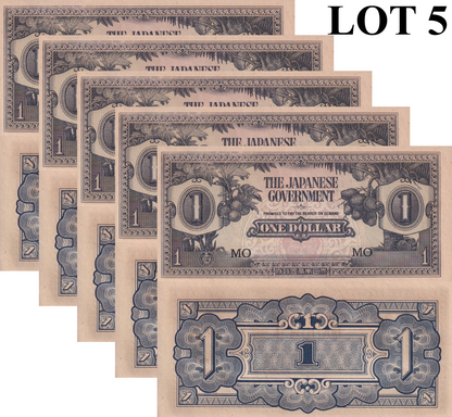 Malaya Japanese Occupation WWII 1 Dollar ND 1942 P M5c UNC FOXING Lot 5 pcs