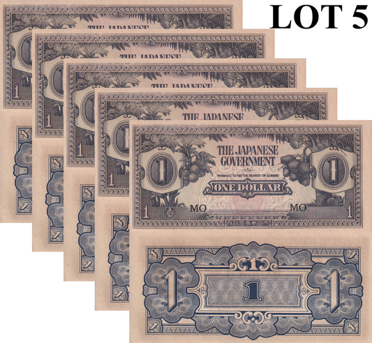 Malaya Japanese Occupation WWII 1 Dollar ND 1942 P M5c UNC FOXING Lot 5 pcs