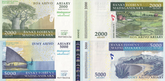 Madagascar 2000 5000 Ariary 2007 ND 2008 P 93 94 Commemorative UNC Set 2 pcs