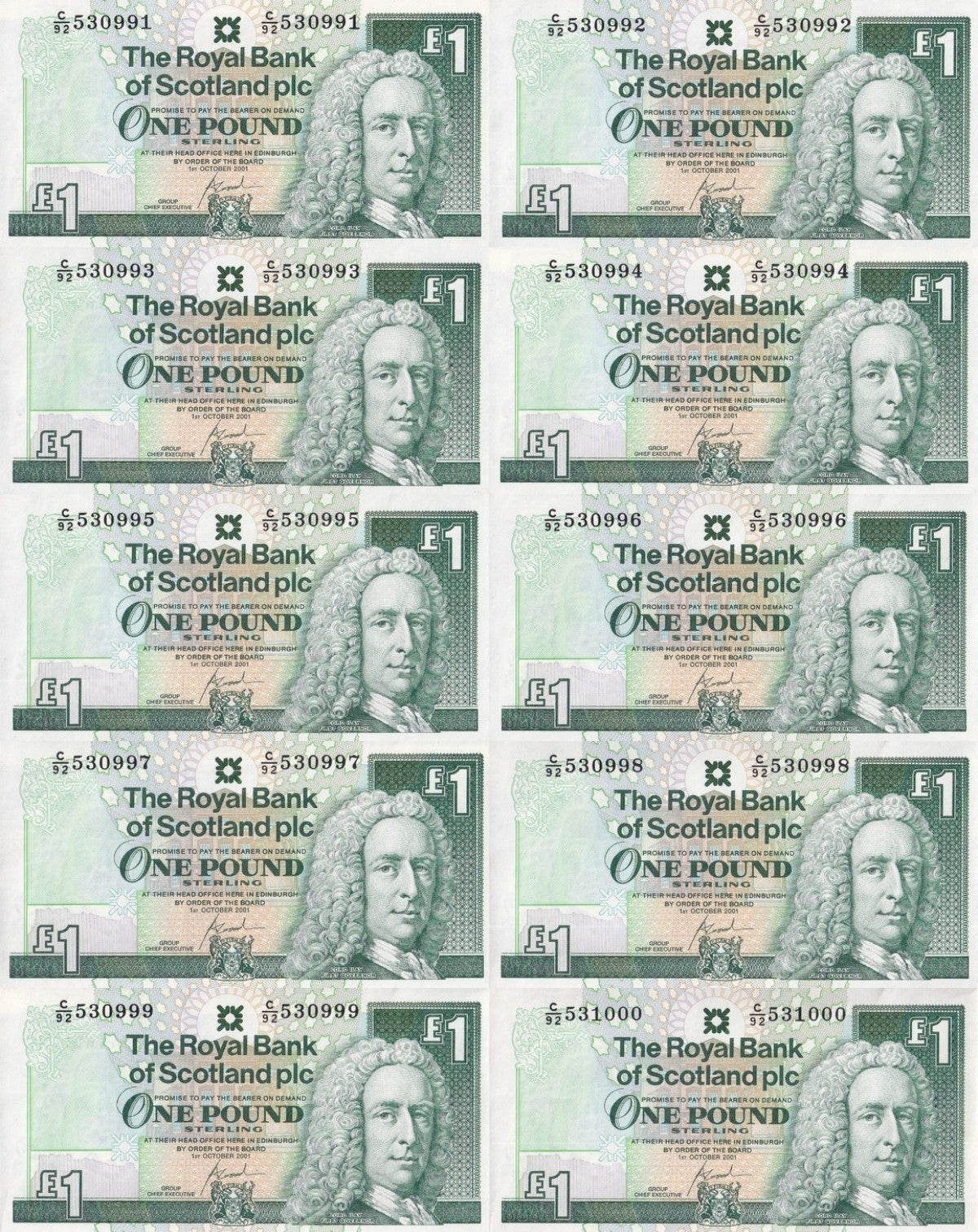 Scotland 1 Pond 2001 P 351e Royal Bank of Scotland UNC Set 10 pcs No. 991 - 1000