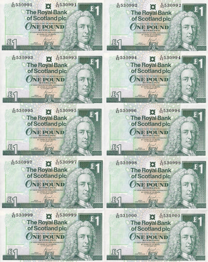 Scotland 1 Pond 2001 P 351e Royal Bank of Scotland UNC Set 10 pcs No. 991 - 1000