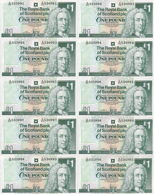 Scotland 1 Pond 2001 P 351e Royal Bank of Scotland UNC Set 10 pcs No. 991 - 1000