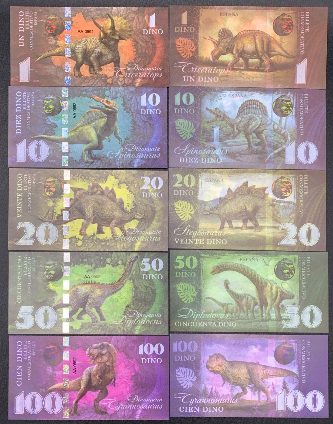 Spain Test Note 1 10 20-100 Dino Jurassic dinosaur series Polymer UNC Set 5 pcs
