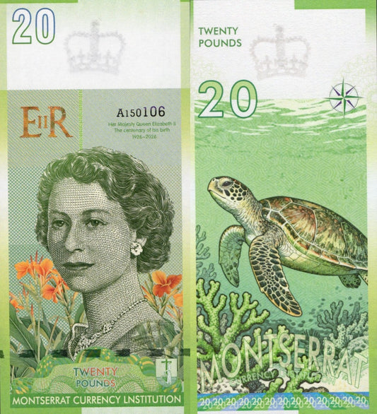 East Caribbean States 2022 MONTSERRAT 20 £ TEST NOTE QUEEN ELIZABETH II UNC