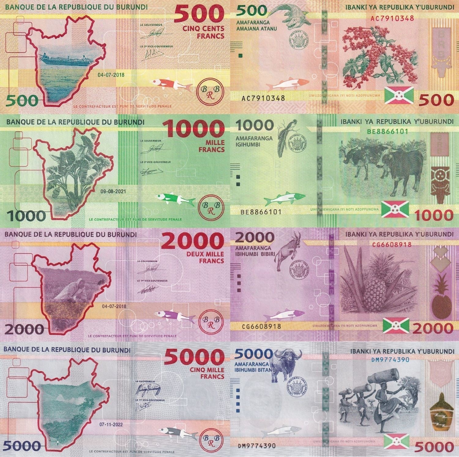 BURUNDI 500 1000 2000 5000 Francs 2018-2022 P 50 51 52 58 UNC Set 4 pcs