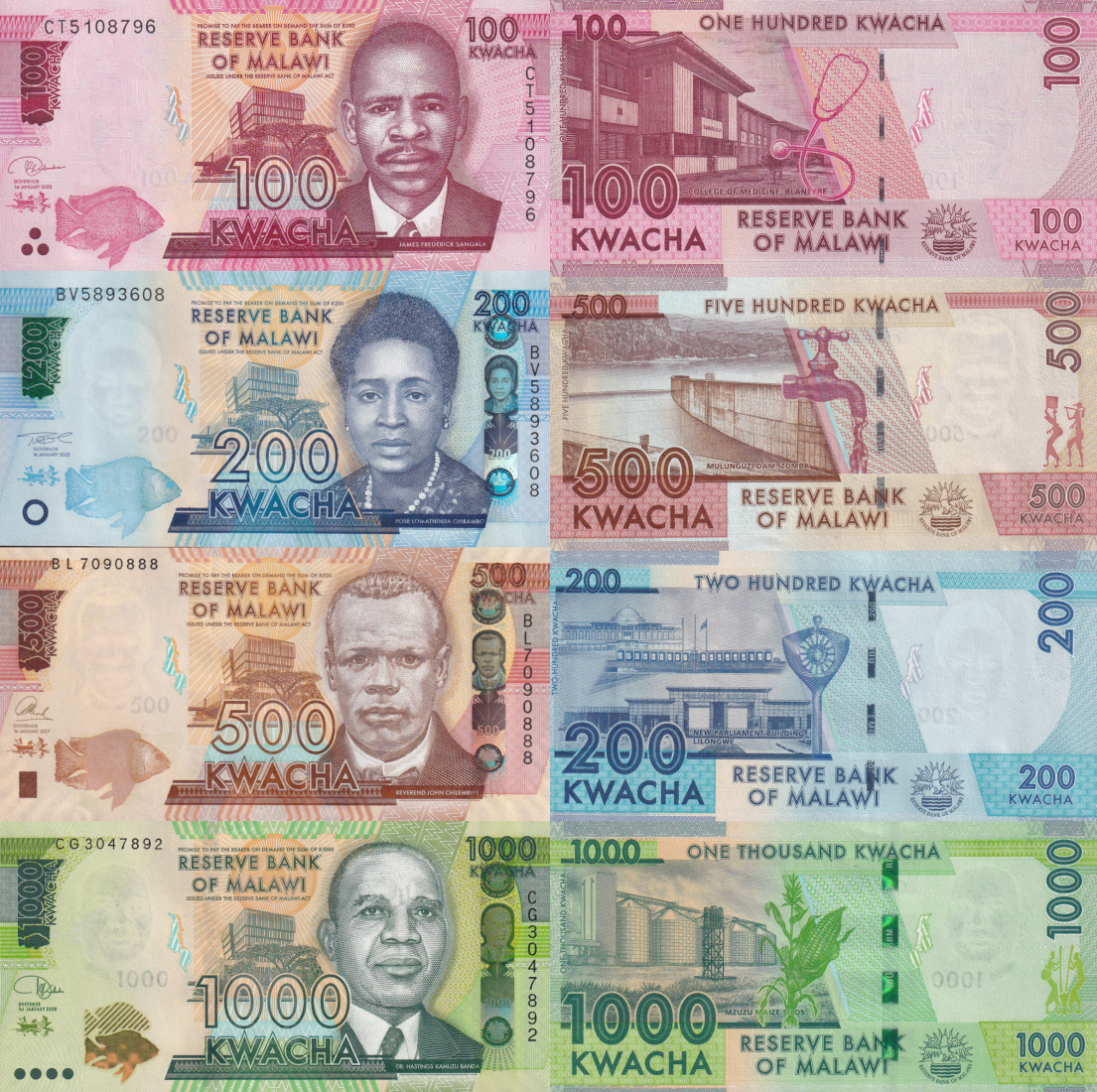 Malawi 100 200 500 1000 Kwacha 2017-2022 P 65 65A 66 67 UNC Set 4 pcs