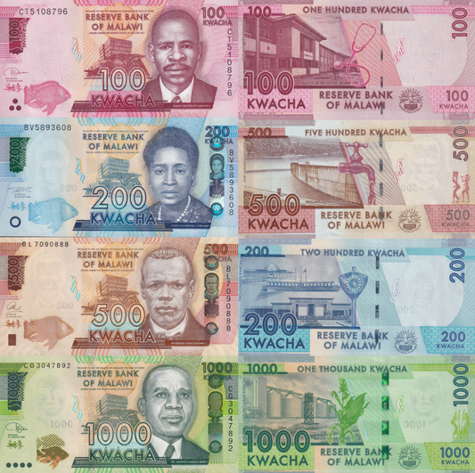 Malawi 100 200 500 1000 Kwacha 2017-2022 P 65 65A 66 67 UNC Set 4 pcs