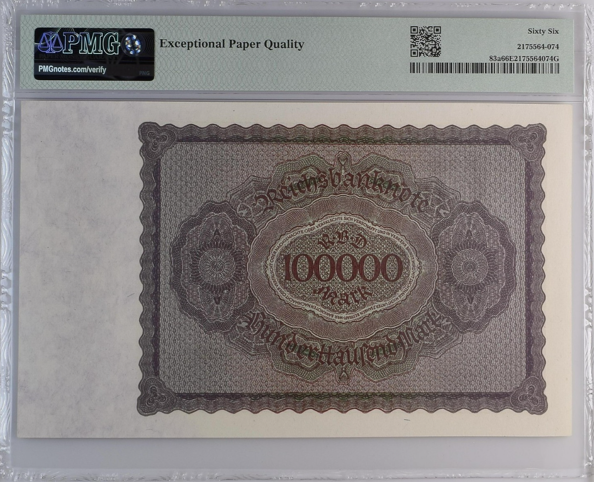 Germany Republic Treasury Note 100000 Mark 1923 P 83a UNC PMG 66 EPQ 2nd TOP POP