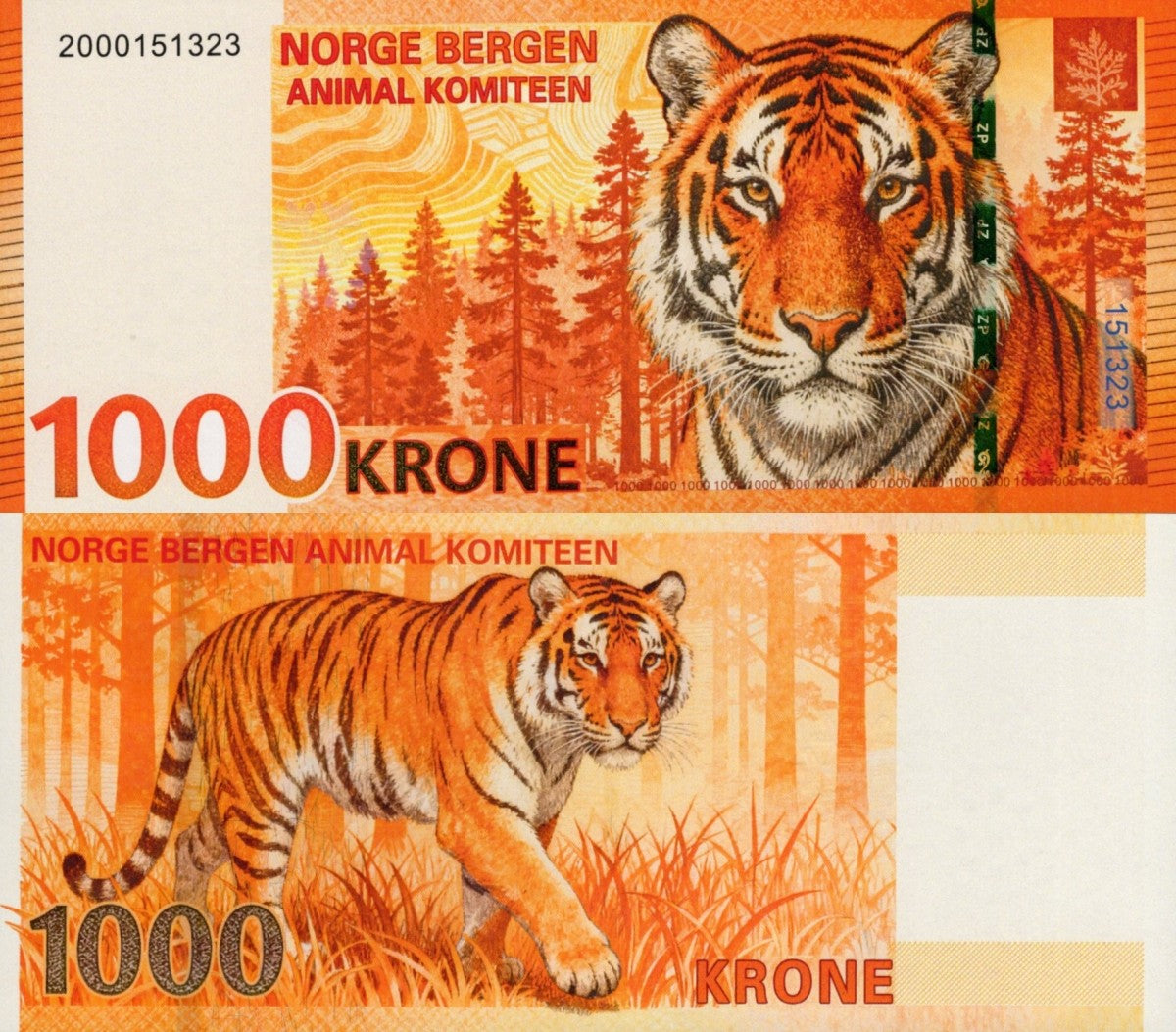 Norway TEST NOTE 1000 Tiger Banknote Animal COMM. Note World Paper Money UNC