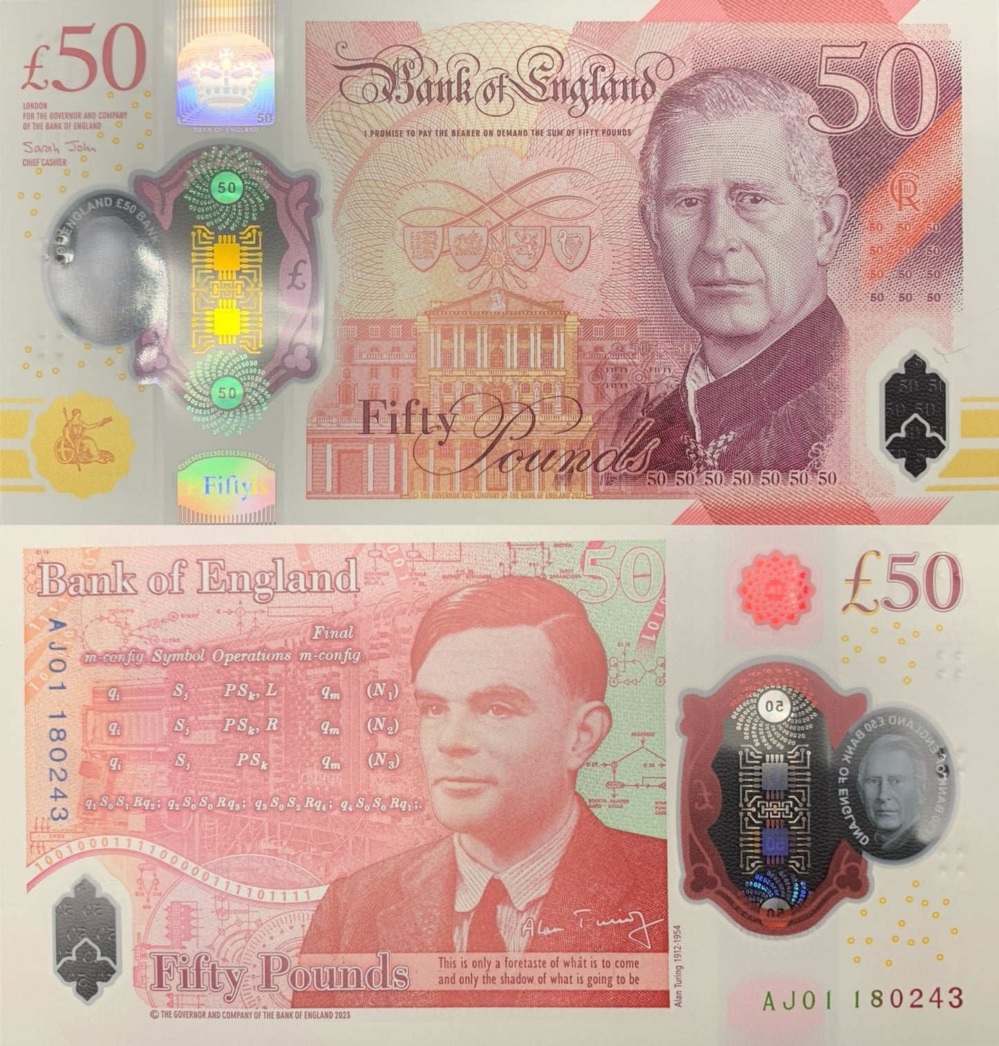 Great Britain 50 Pounds 2023/2024 P New King Charles II Polymer UNC AJ01 Prefix
