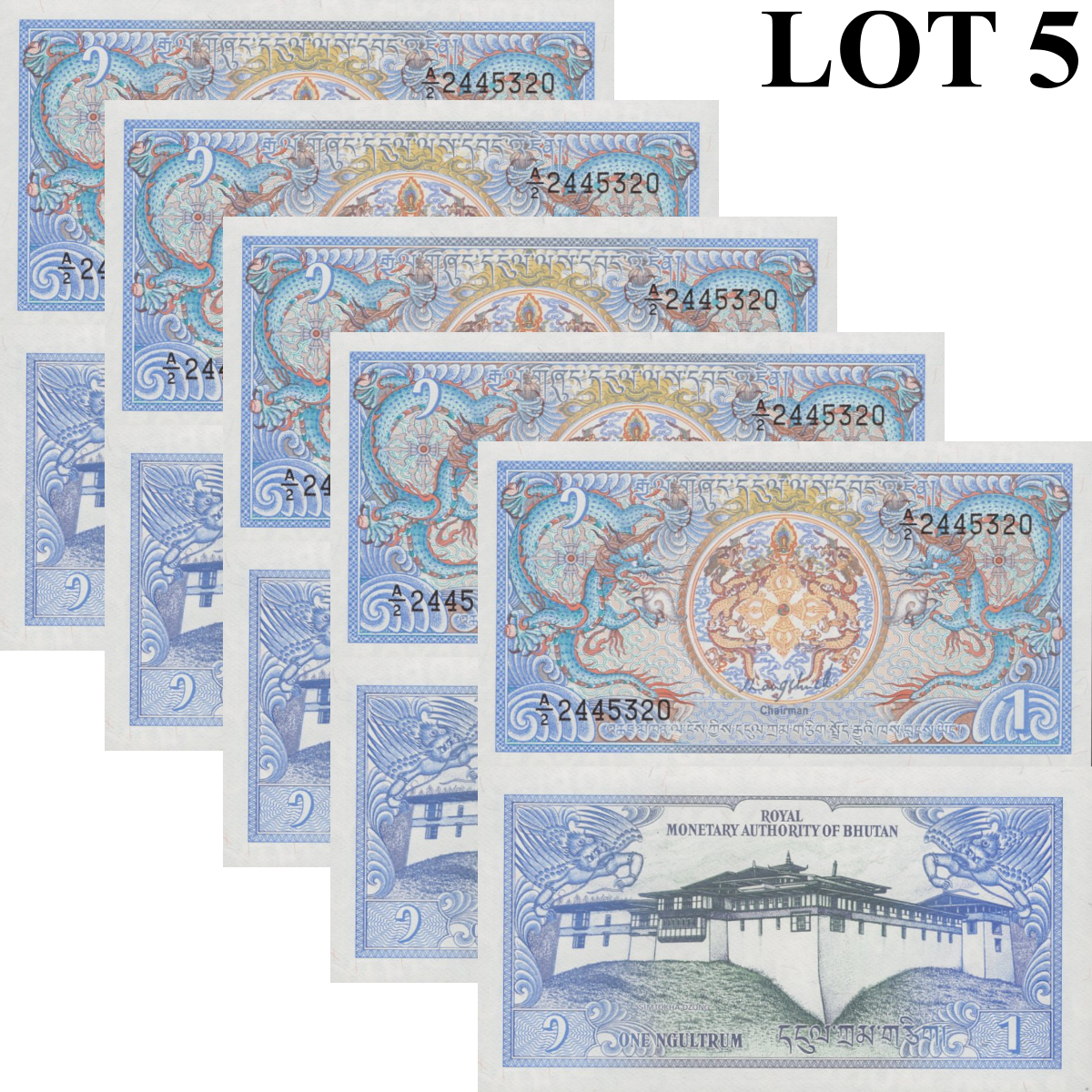 Bhutan 1 Ngultrum ND (1986) P 12 UNC 1/20 Bundle Lot 5 pcs