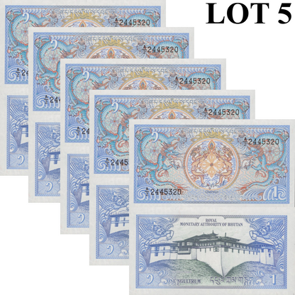 Bhutan 1 Ngultrum ND (1986) P 12 UNC 1/20 Bundle Lot 5 pcs