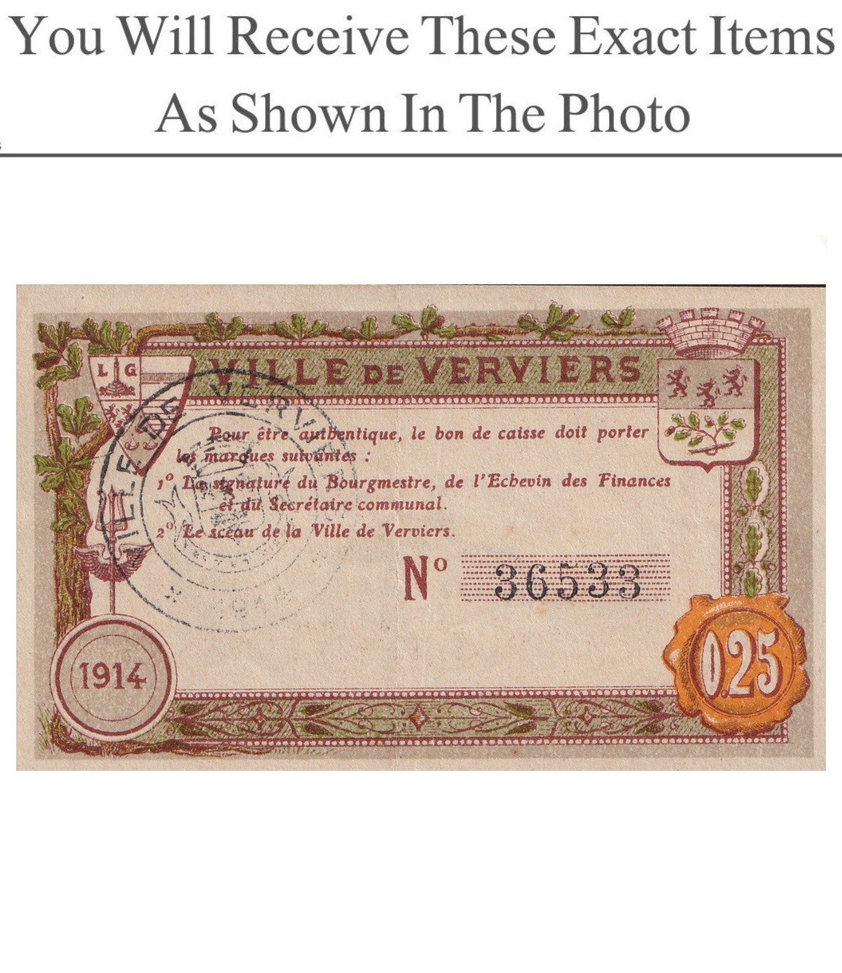 Belgium Notgeld VERVIERS 25 Centimes 1914
