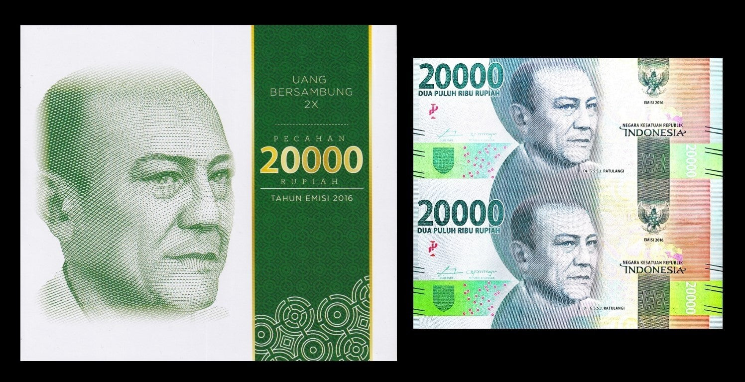 Indonesia 20000 Rupiah 2016 P 158a UNC UNCUT 2 IN 1 With Folder
