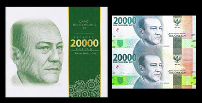 Indonesia 20000 Rupiah 2016 P 158a UNC UNCUT 2 IN 1 With Folder