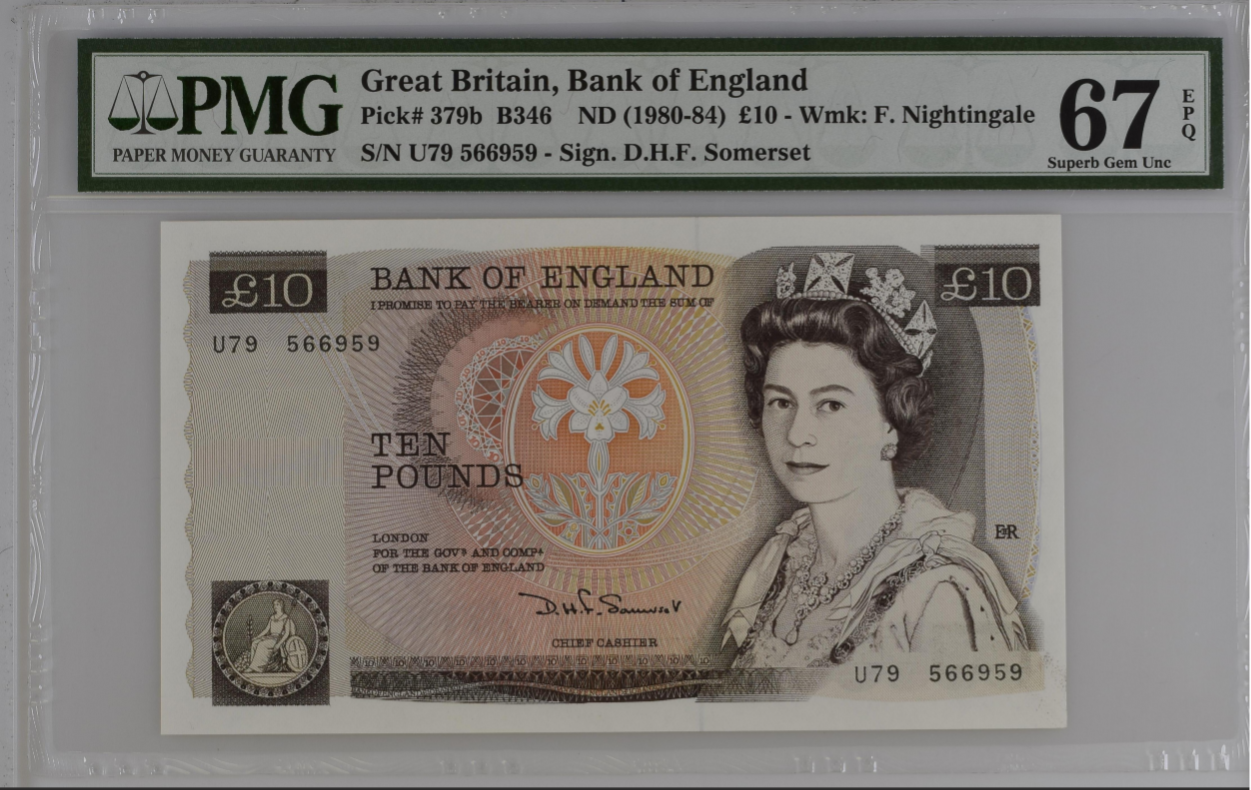 Great Britain 10 Pounds ND (1980-84) P 379b UNC PMG 67 EPQ 3rd TOP POP