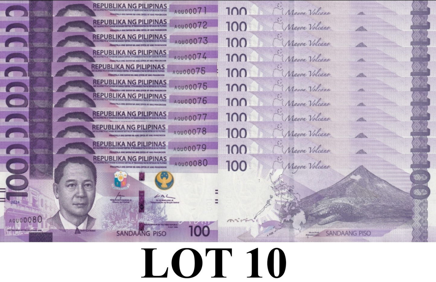 Philippines 100 Piso 2024 P 232A UNC Consecutive Lot 10 pcs LOW S/N 71-80