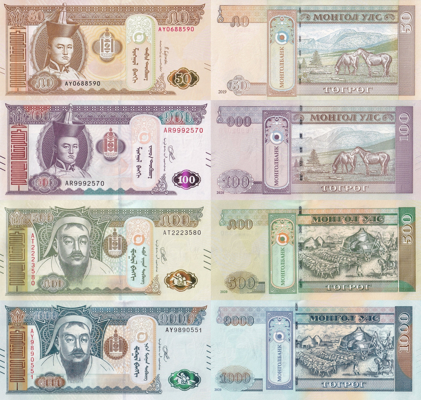 Mongolia 50 100 500 1000 Togrog 2019-2020 P 72 P 73 74 75 UNC Set 4 pcs