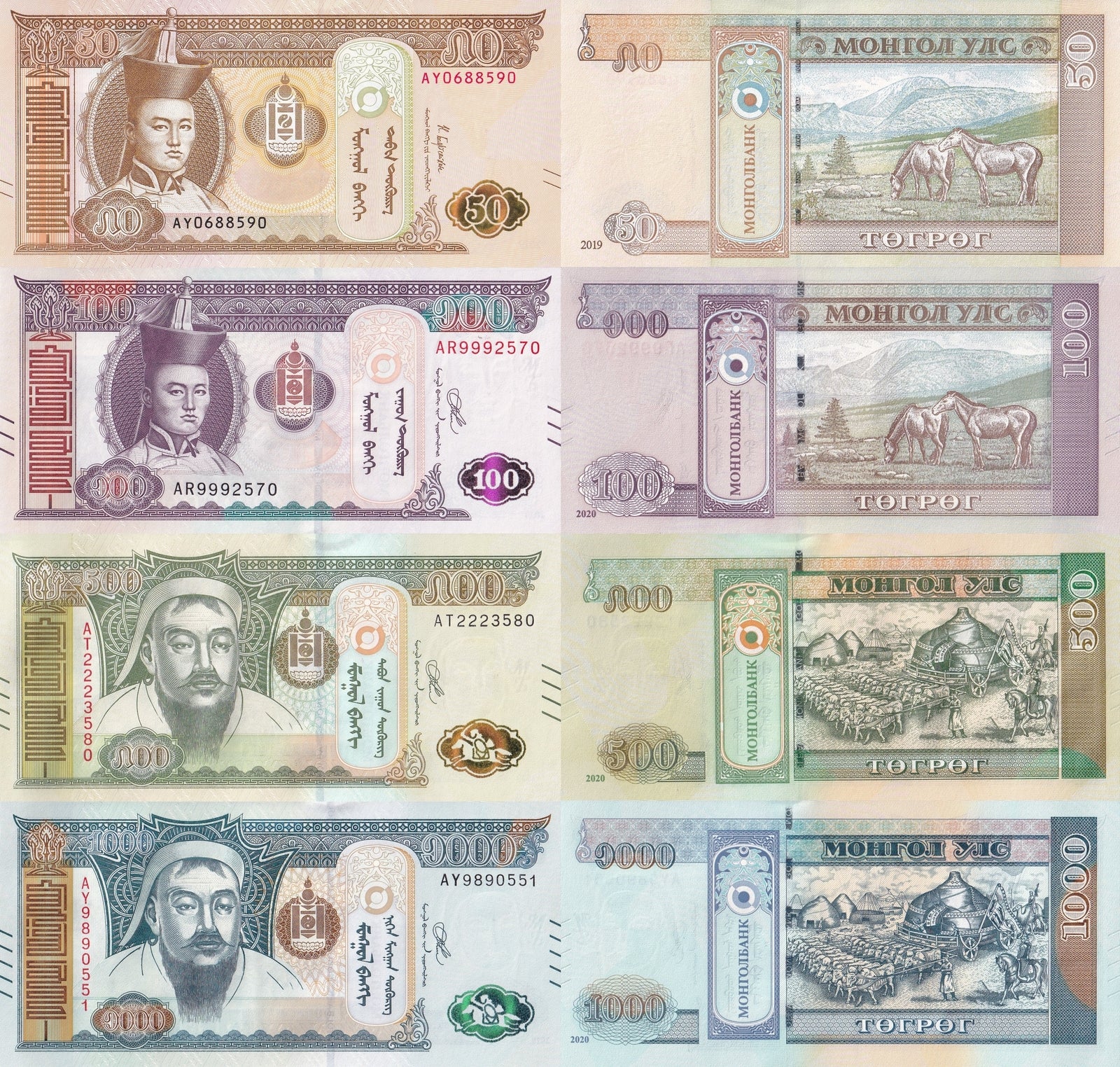 Mongolia 50 100 500 1000 Togrog 2019-2020 P 72 P 73 74 75 UNC Set 4 pcs