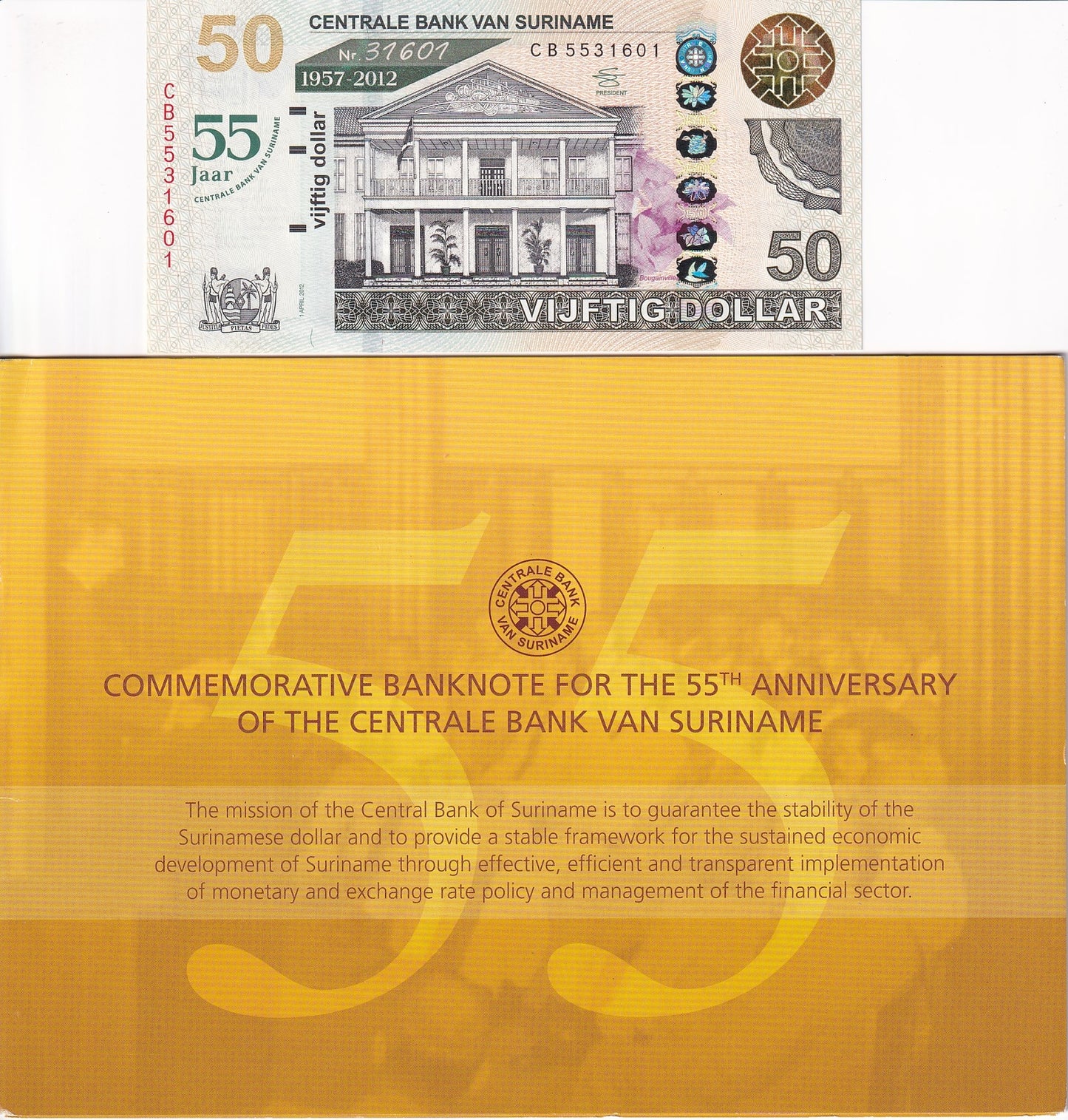 Suriname 50 Dollars 2012 P 167 Commemorative UNC W/ Folder