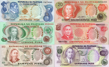 Philippines 2-100 Piso 1970-78 P 152 160d 154 162 163 164 UNC MINOR FOXING Set 6